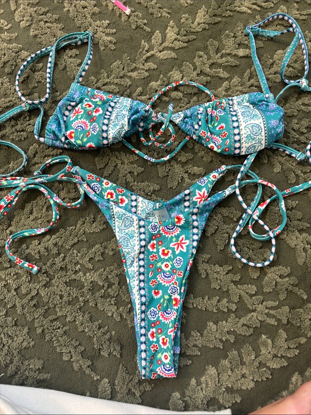 Women’s Teal Floral String Bikini Top & Bottom Set